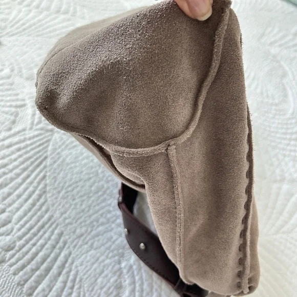 Taupe Suede Sak Shoulder Bag with Brown Leather Strap - Picture 11 of 12